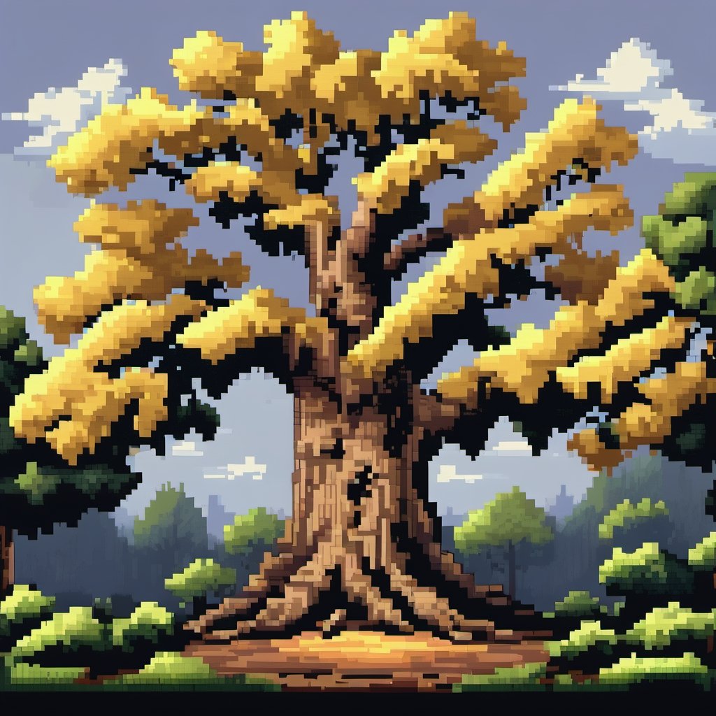 digital pixel art of a giant oak with yellow leaves, clearing in the middle of a forest
,pixel style
