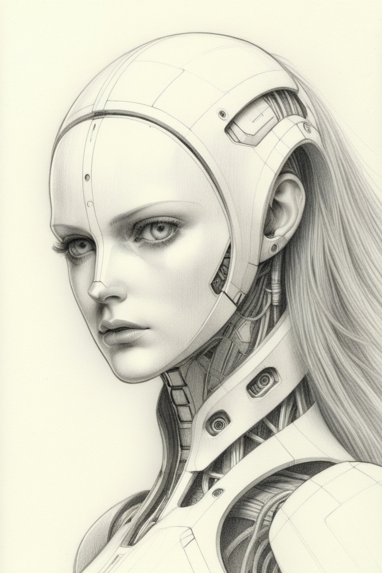 "An intricate pencil sketch of an android,  its mechanical structure and humanoid design clearly visible,  BREAK detailed...