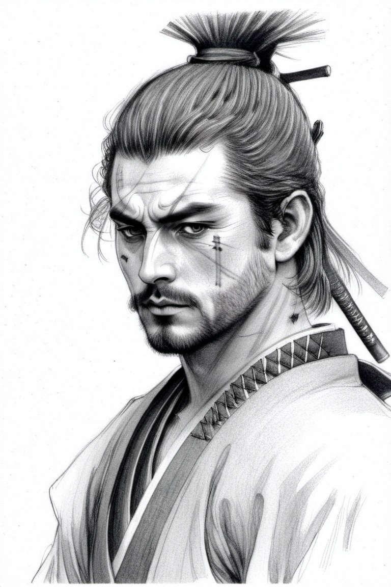 Pencil draw of a samurai on A4 page on Tensor.Art