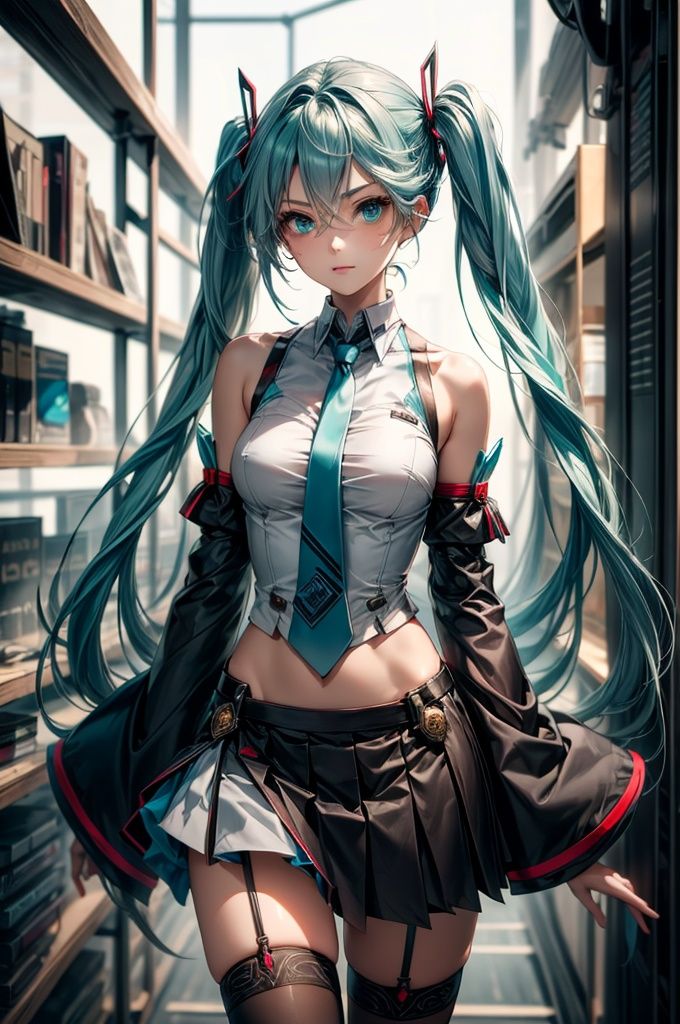 (Good anatomical structure),chuyinweilai, solo, 1girl, long hair, , twintails, necktie, skirt, detached sleeves, thighhighs, very long hair, aqua hair