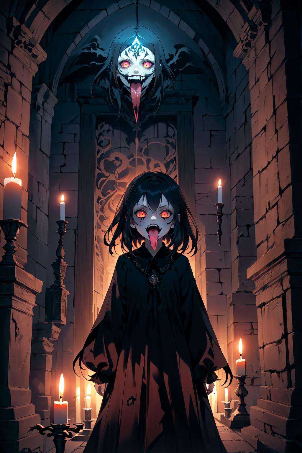 ((masterpiece)),((best quality)),8k,high detailed,ultra-detailed,illustration,(1girl:2),(gossghost),(long tongue),tongure out,Jump scare:1.2), (Sinister grin:1.1), (Flickering candles), A gothic cathedral's crypt, dimly lit by flickering candles, the ghostly figure emerges from the shadows with a sinister grin, a jump scare moment that sends shivers down your spine, (Ornate stone carvings:1.3), (Intricate crypt symbols), (Glowing pentagram), An eerie and ominous ambiance, (Crimson and black color palette), (Chiaroscuro lighting),,<lora:ChangSheG_V2:1>,