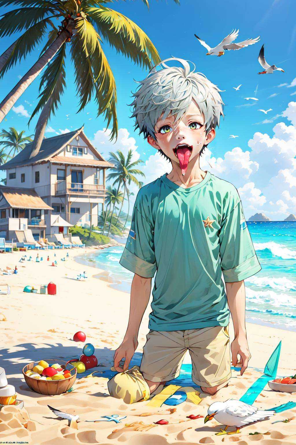 ((masterpiece)),((best quality)),8k,high detailed,ultra-detailed,illustration,(1boy:2),short white hair,(gossghost),(long tongue),tongure out,(comedy:1.2),(kitchen),(cooking:1.1),(funny:1.2),A(beach:1.2),(vacation),A boy enjoys a relaxing day at the beach,building sandcastles and watching the waves,(carefree atmosphere),Seagulls and beach toys add to the seaside charm,(relaxation:1.1),(content expression),(sandy beach with palm trees),(peaceful and sunny),(beach getaway),Quixel Megascans Render,creating a tranquil anime scene set on a sunny beach,<lora:ChangSheG_V2:1>,