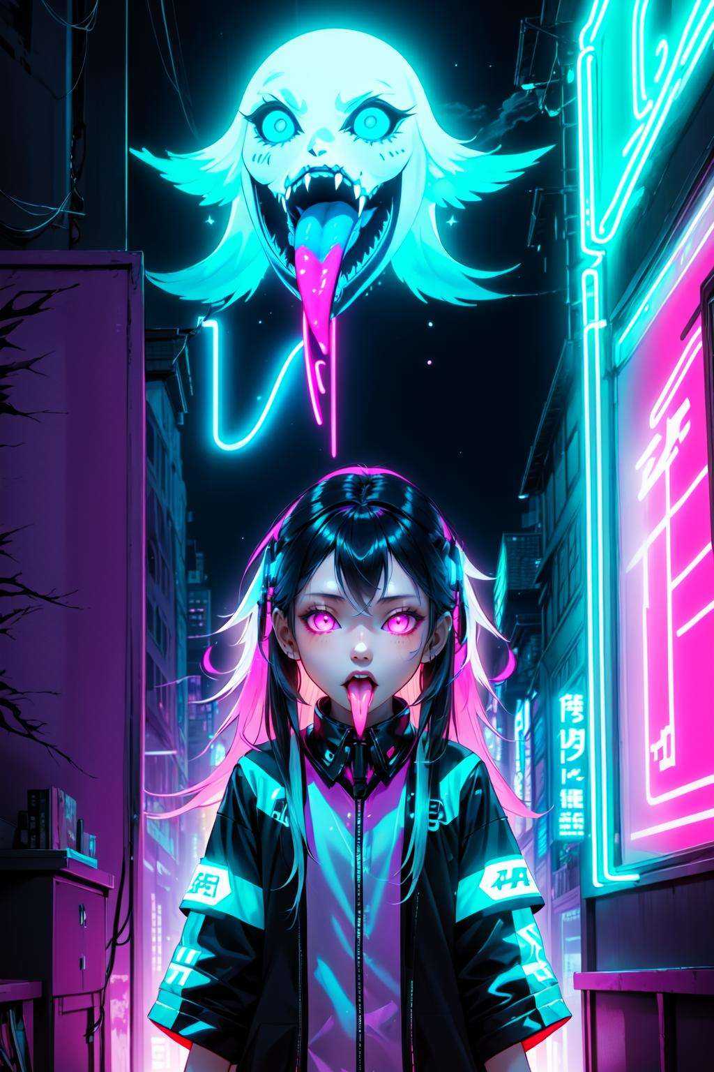 ((masterpiece)),((best quality)),8k,high detailed,ultra-detailed,illustration,(1girl:2),(gossghost),(long tongue),tongure out,(ethereal entity:1.3),lurking in a futuristic bedroom,(haunting presence:1.2),draped in ethereal neon threads,(soft neon glow:1.4),Futuristic and surreal with a neon-lit color scheme,ethereal and ghostly lighting,eerie and enigmatic,embodying the ghost's otherworldly nature,<lora:ChangSheG_V2:1>,