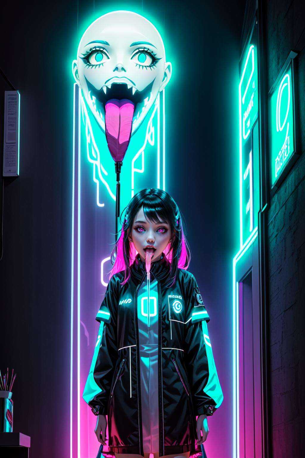 ((masterpiece)),((best quality)),8k,high detailed,ultra-detailed,illustration,(1girl:2),(gossghost),(long tongue),tongure out,(ethereal entity:1.3),lurking in a futuristic bedroom,(haunting presence:1.2),draped in ethereal neon threads,(soft neon glow:1.4),Futuristic and surreal with a neon-lit color scheme,ethereal and ghostly lighting,eerie and enigmatic,embodying the ghost's otherworldly nature,<lora:ChangSheG_V2:1>,