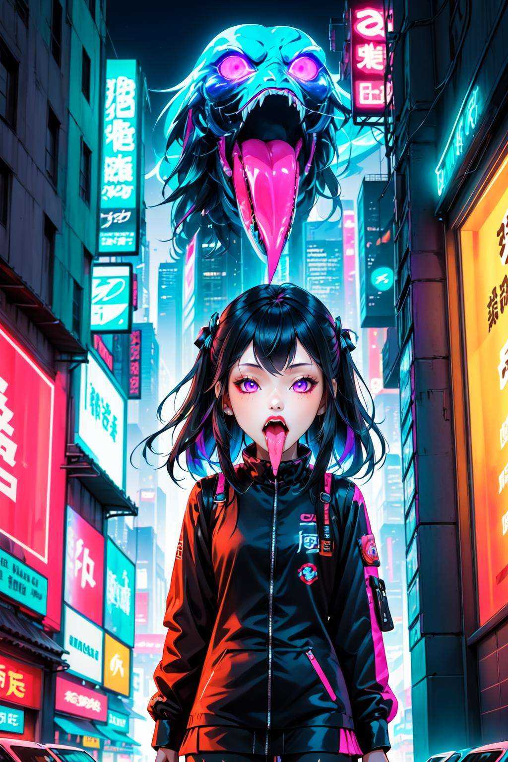 ((masterpiece)),((best quality)),8k,high detailed,ultra-detailed,illustration,(1girl:2),(gossghost),(long tongue),tongure out,Futuristic urban setting with a Chinese twist, Phantom hackers, Holographic avatars, Futuristic neon cityscape, Urban sprawl, Cyberspace showdown, Digital effects and distortions, Glowing neon signs, Chinese calligraphy merging with digital aesthetics, A virtual world clash between hackers and avatars,<lora:ChangSheG_V2:1>,