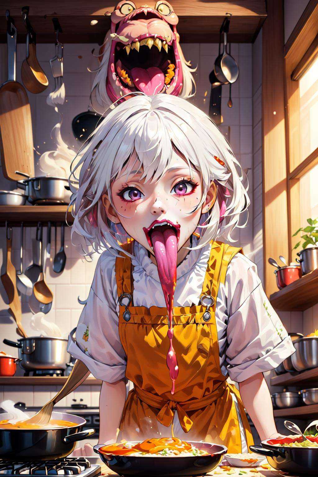 ((masterpiece)),((best quality)),8k,high detailed,ultra-detailed,illustration,horror,(1girl:2),short white hair,(gossghost),(long tongue),tongure out,(comedy:1.2),(kitchen),(cooking:1.1),(funny:1.2),A young boy hilariously attempts to cook a gourmet meal in a chaotic and messy kitchen,(comical expression),(culinary mishaps),(colorful ingredients),(chaotic backdrop),(over-the-top lighting),(warm and vibrant),(comic book style),(cartoonish effects),Unreal Engine rendering,creating a comically exaggerated and vibrant anime scene,<lora:ChangSheG_V2:1>,