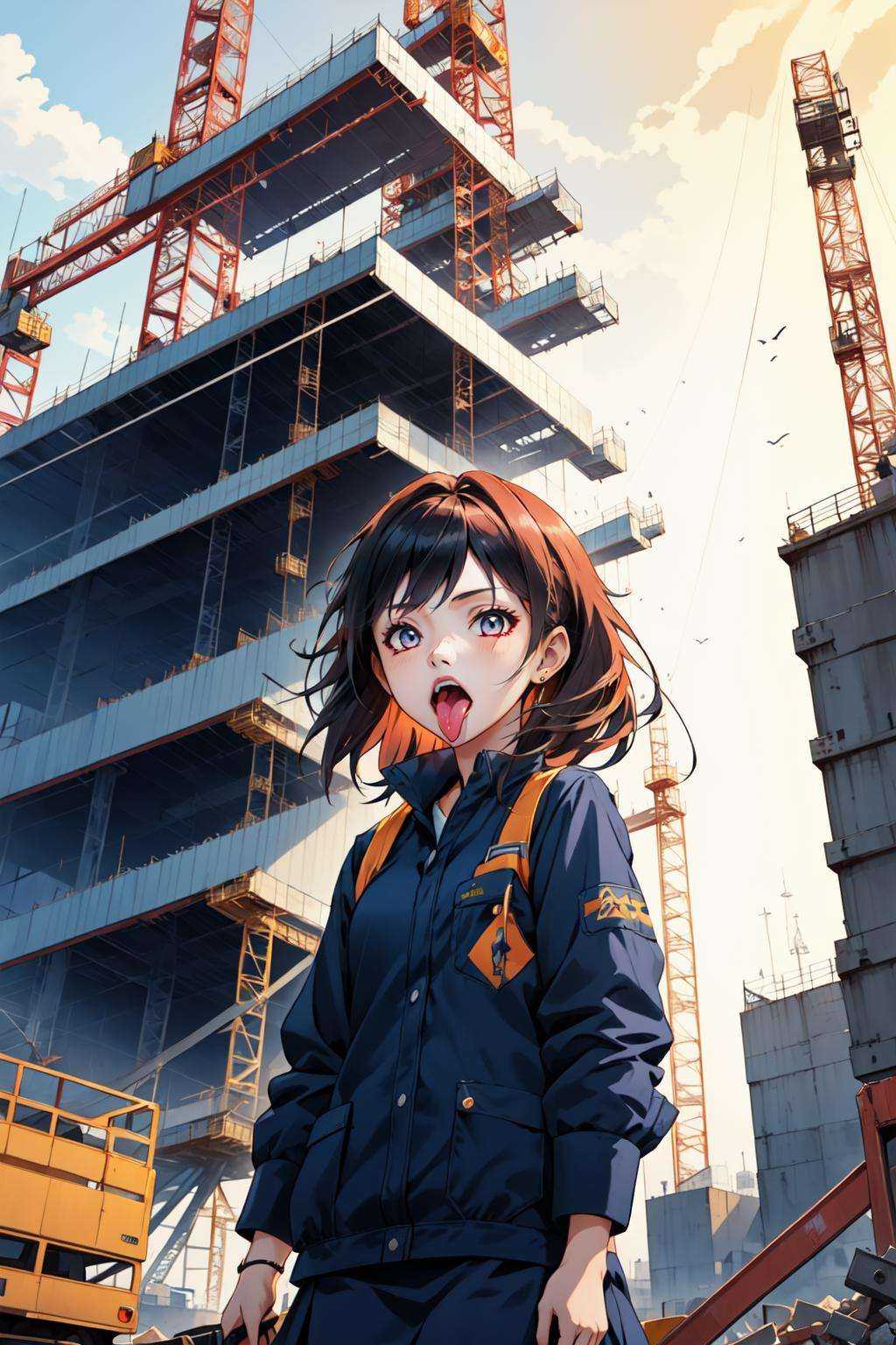 ((masterpiece)),((best quality)),8k,high detailed,ultra-detailed,illustration,(1girl:2),(gossghost),(long tongue),tongure out,explores a bustling construction site, fascinated by heavy machinery and towering structures, (industrial atmosphere), Cranes and bulldozers add to the chaos, (exploration:1.1), (awe-struck expression), (construction site with steel beams), (dynamic and industrial), (construction adventure), Maxon Cinema 4D rendering, creating an adventurous anime scene set in a construction site,,<lora:ChangSheG_V2:1>,