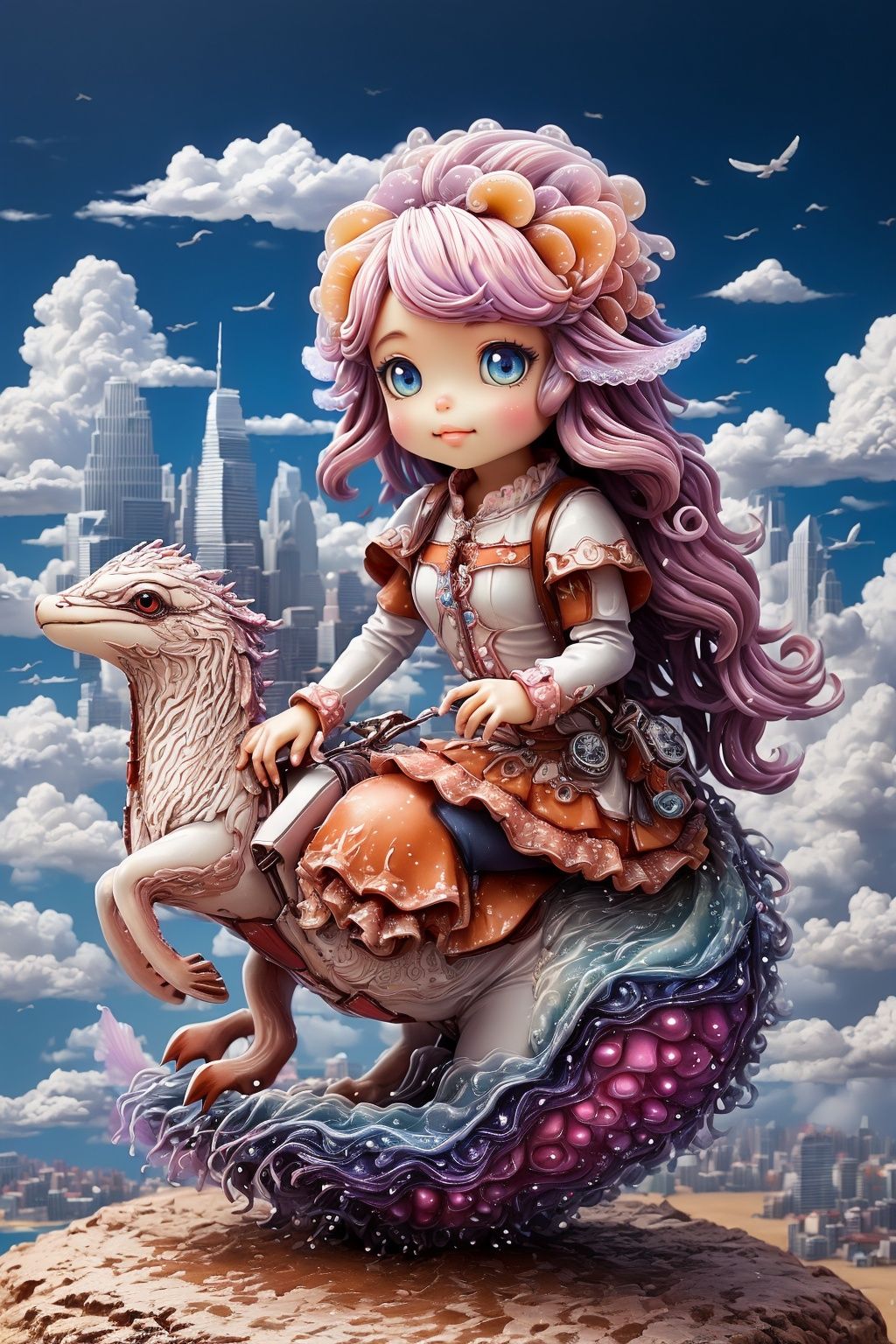 ((masterpiece)),((best quality)),8k,high detailed,ultra-detailed,chibi,magical,1girl,(exploring a whimsical floating city in the clouds, riding on a giant floating jellyfish),vibrant pastel buildings,fluffy clouds,surreal architecture,whimsical creatures,an enchanting adventure in the sky,<lora:UnrealNut:0.8>,