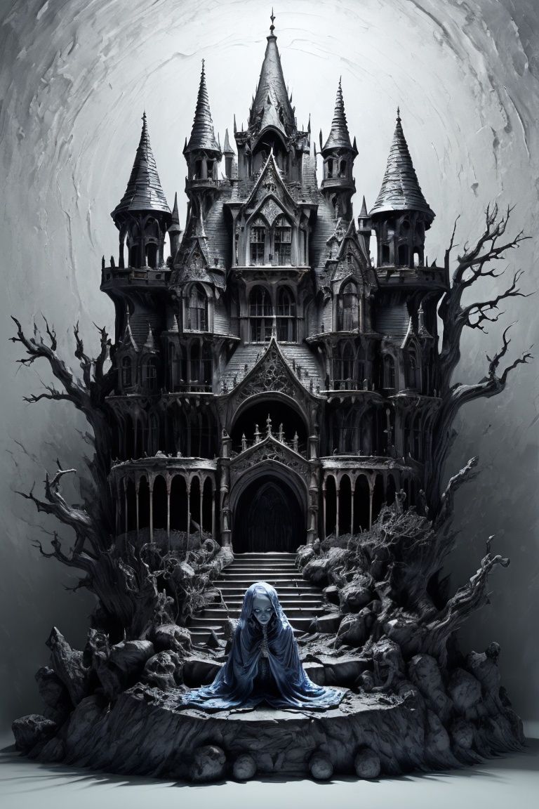 ((masterpiece)), ((best quality)), 8k, high detailed, ultra-detailed, dark fantasy, haunting mansion, 1girl, (exploring a decrepit, haunted manor), trepidation in her eyes, (full shot:1.1), from eye level, cracked walls, eerie portraits, creaking floors, moonlight seeping in, chilling blues and grays, ghostly lighting, evoking the spine-tingling atmosphere of a dark fantasy nightmare..<lora:UnrealNut:0.8>,
