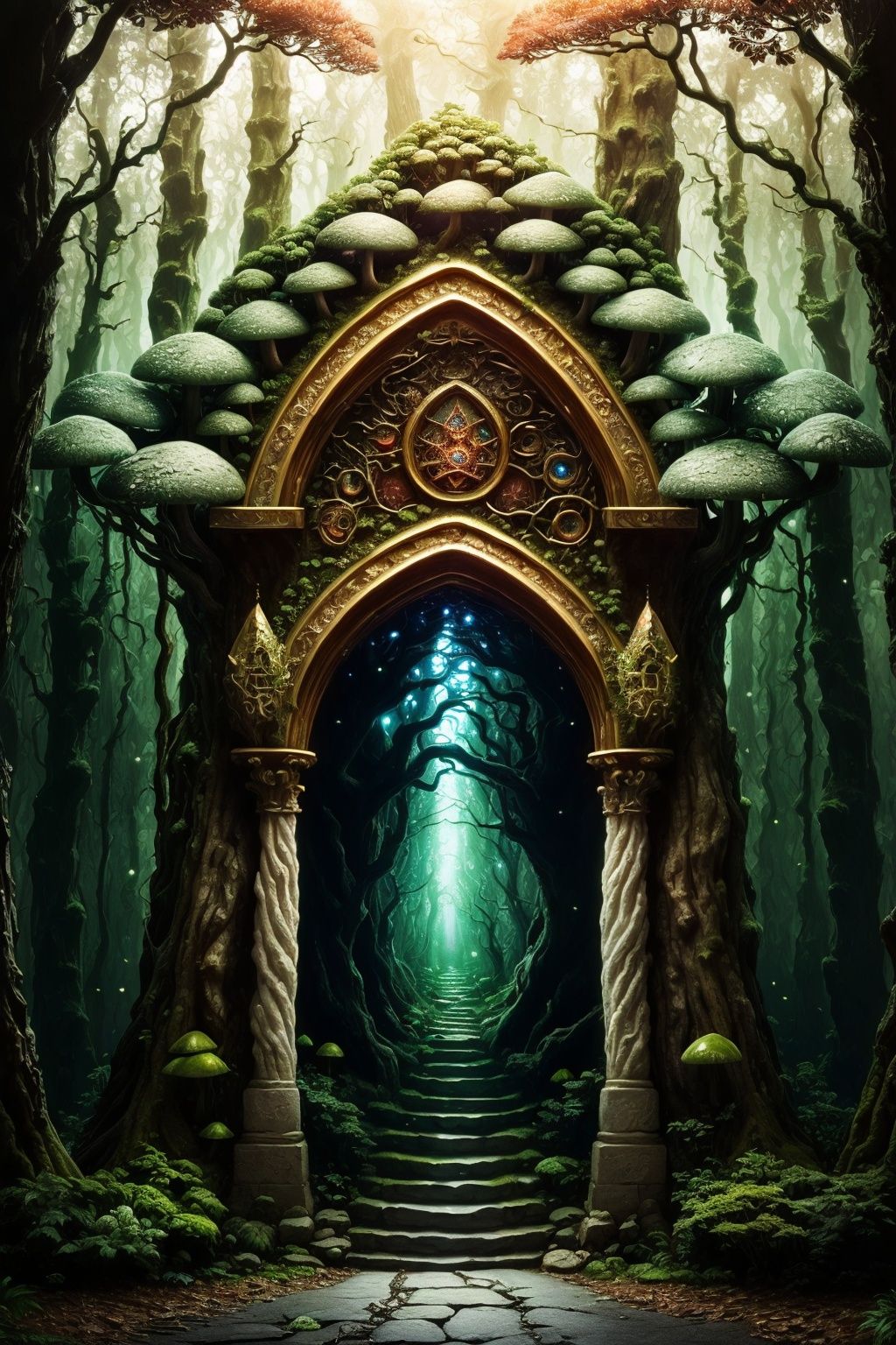 ((masterpiece)),((best quality)),8k,high detailed,ultra-detailed,fantasy,enchanted forest,(discovering a hidden portal to a mystical realm deep within an ancient forest),ancient trees,glowing mushrooms,magical portal,a journey into a world of enchantment and wonder..,<lora:UnrealNut:0.8>,