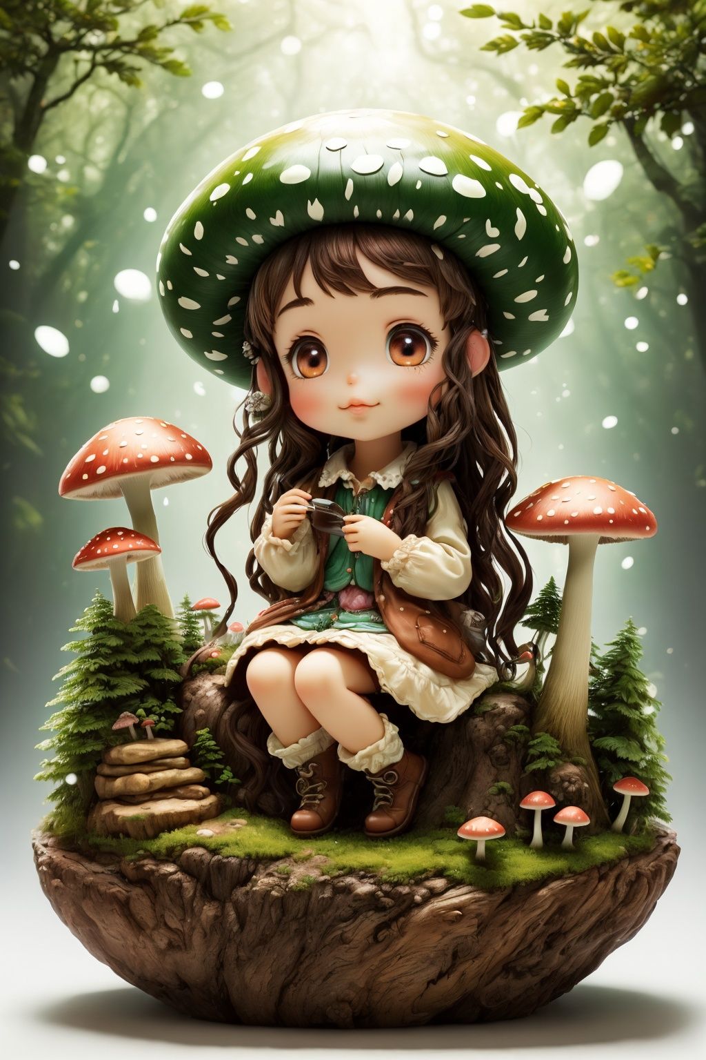 ((masterpiece)), ((best quality)), 8k, high detailed, ultra-detailed, chibi, whimsical, 1girl, (exploring a land of giant floating mushrooms and talking forest creatures), oversized mushrooms, friendly forest animals, a dreamy forest adventure full of enchantment.,<lora:UnrealNut:0.8>,