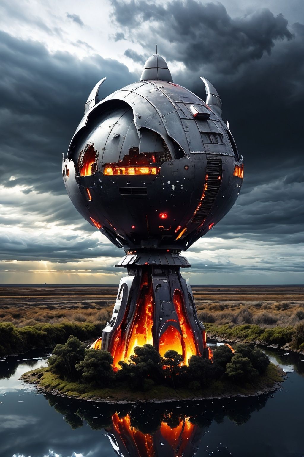 city,dark fantasy,cloudy sky,huge spacecraft flying in the sky,desolate alien landscape,dead trees,swamp,bushes,lonely,art by Adrian Smith,symmetric,eery,frightening,sad,sci-fi,dirty,stained,thunderstorm,lightning,masterpiece,8k,highest quality,HDR,UHD,flying fortress,glowing engines,reflections,intricate,alien invasion,crater,wartorn,dust,smoke,<lora:UnrealNut:0.8>,