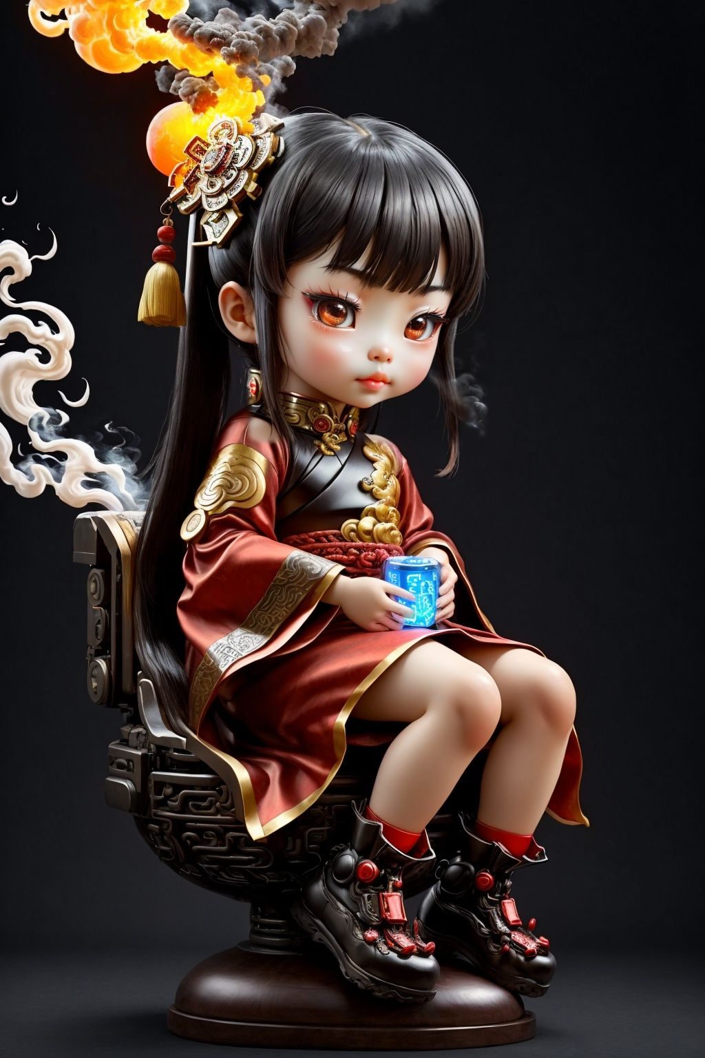 ((masterpiece)),((best quality)),8k,high detailed,ultra-detailed,chinese style,science fiction,beautiful cute face,chibi,smokey eyes,steam punk,(Chinese god:1.25),goddess,the girl is surround with massive smoke and cloud,wearing white and red dress,her feet surround with cloud,and smoke,cyberpunk fusion,traditional and futuristic elements,neon lights,a blend of ancient mythology and high-tech future,where the divine meets the cyberpunk,<lora:UnrealNut:0.65>,