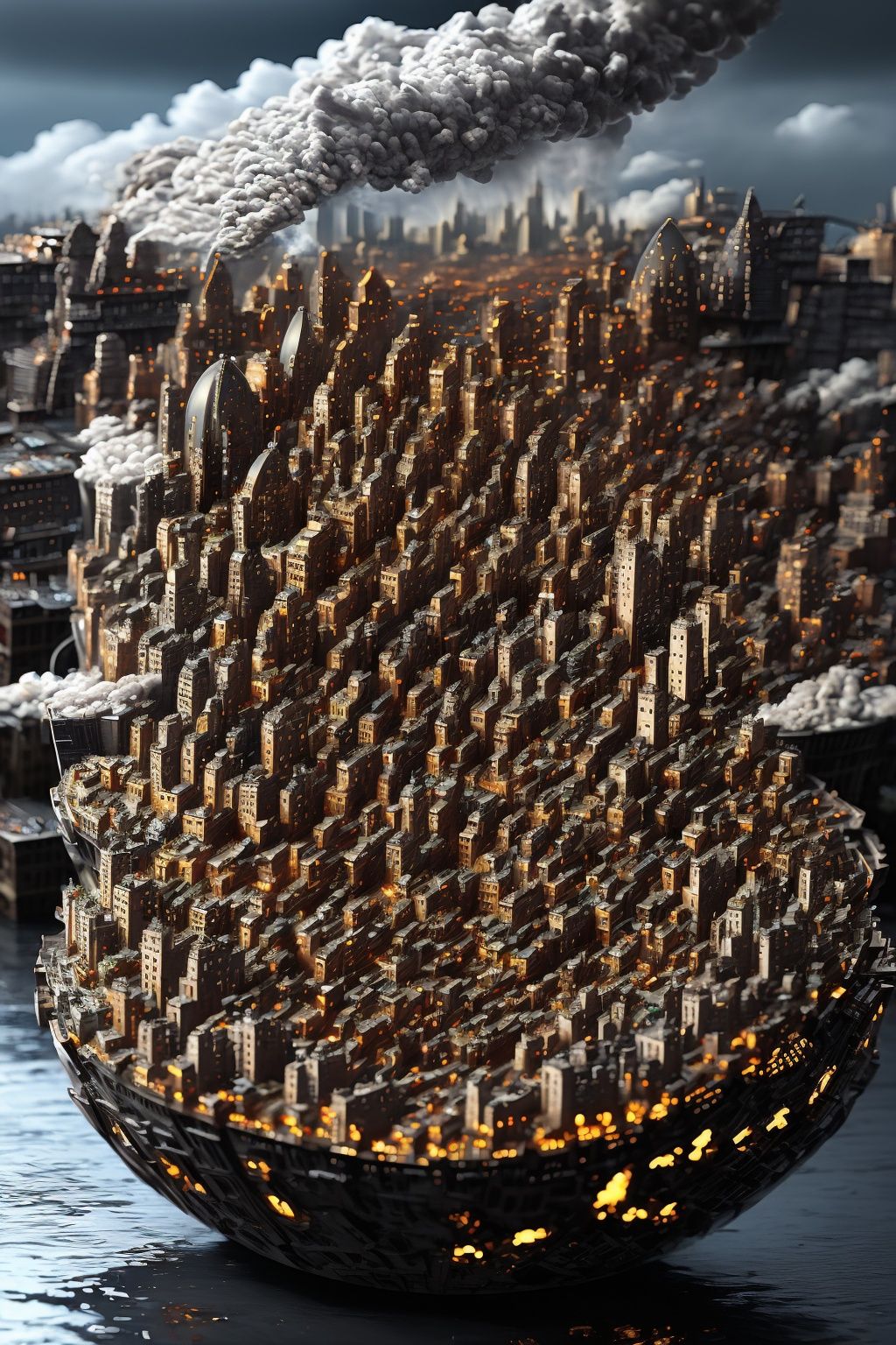 (city:2),cloudy sky,huge spacecraft flying in the sky,Cloud Gray Emerald green,desolate alien landscape,dead trees,swamp,bushes,lonely,symmetric,eery,frightening,sad,dirty,stained,thunderstorm,lightning,masterpiece,8k,highest quality,HDR,UHD,battleship,glowing engines,reflections,intricate,alien invasion,crater,wartorn,dust,smoke,<lora:UnrealNut:0.8>,
