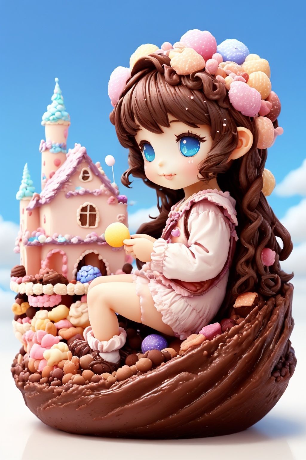 ((masterpiece)), ((best quality)), 8k, high detailed, ultra-detailed, chibi, whimsical, candy kingdom, 1girl, (exploring a land of giant sweets), pure delight and wonder, (full shot:1.2), from below, enormous lollipops, cotton candy clouds, chocolate rivers, pastel hues, soft and dreamy lighting, capturing the sweetness of a chibi candy adventure..<lora:UnrealNut:0.8>,