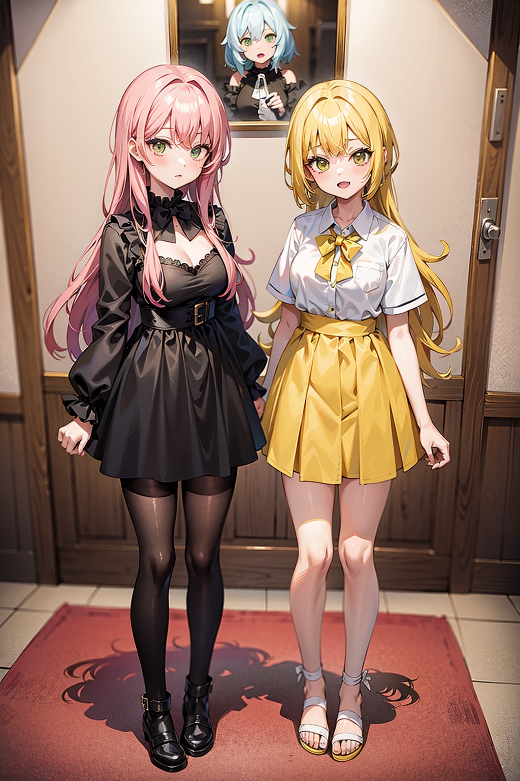 ((anime figure)),  2 girls,  one with green eyes and yellow hair the other with yellow pink hair on Tensor.Art