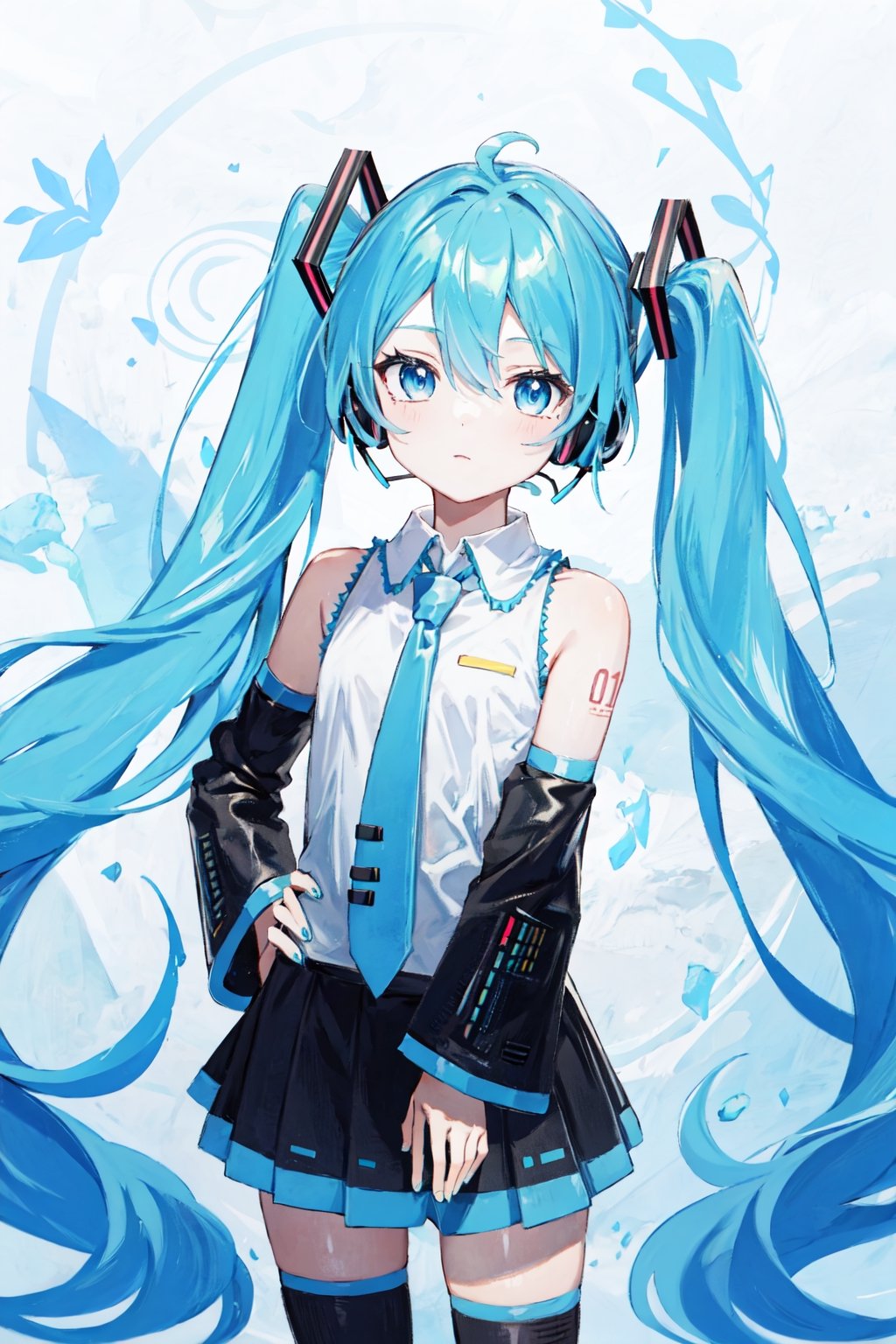 wear the miku costume,  blue hair,  blue eyes on Tensor.Art