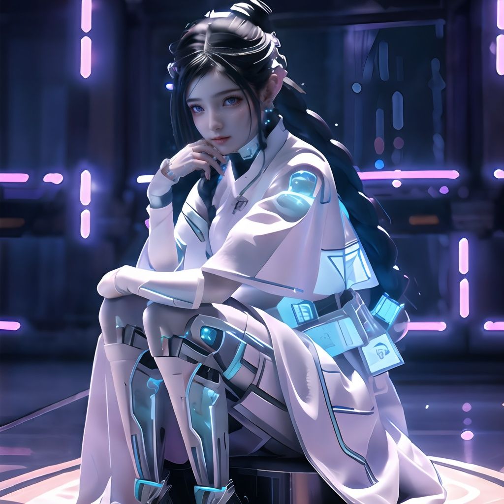 Knee Shot, 1girl, hanfu and future Mecha, cyberpunk, solo, white skin, delicate facial features,jewelry, Laser Apparel,((cyborg)),sitting, braid,single hair bun,looking at viewer,chinese kungfu,holographic projection, Chinese elements, martial arts, background of future science and technology, Cyberpunk style, Center the composition, Unreal Engine, Cyberpunk light, 8K Resolution, high detail , hyper quality, fantasy, futuristic, <lora:saibogirl-000008:0.9>