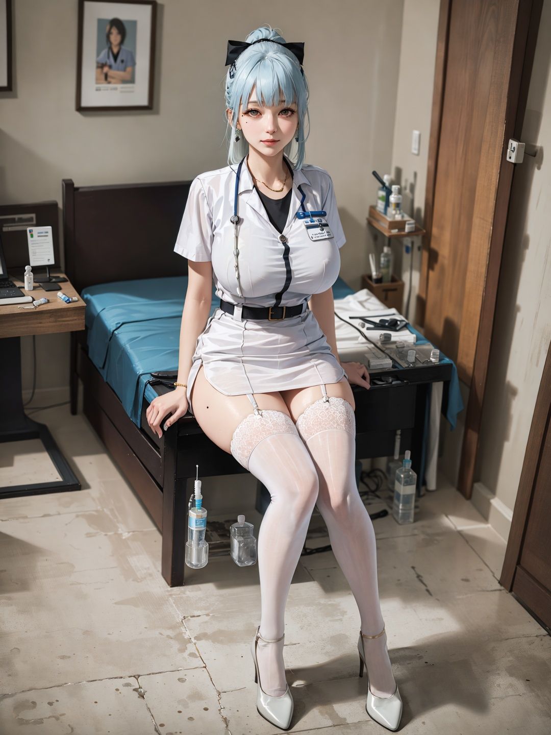 kamisato ayaka (heytea), (high heels),ultra high res, photo, 4k, (photorealistic:1.4), absurdres, solo, (incredible absurdity), ((masterpiece, best quality)), (wallpaper), (8k hd), correct posing, detailed clothing, detailed body, correct body anatomy, (golden ratio:1.2), extremely beautiful and delicate anime face and eyes, minute details, intricate details, delicate, beautiful face, beautiful eyes, layered backgrounds, (gorgeous background), dynamic angle, delicate background, (detailed light),Indoor, hospital, (advanced ward), potted plant, ((hospital bed)), canopy bed, steel frame bed, cabinet, monitor, electronic equipment, ambiguous, bedside table, (id card), (ward), ((medicines:1.3)), ((syringes:1.2)), ((vials:1.2)), ((needles)), (Fluids), (night:1.2), standing, (full body),((1 girl)), (huge breasts:1.3), kamisato ayaka, official alternate costume, ponytail, serafuku, blunt bangs, hair bow, black bow, hair ribbon, red ribbon, (Nurse:1.3), uniform, uniform temptation, badge, (white shirt:1.2), (white miniskirt), white T-shirt, (white pencil skirt), (grey eyes), (light blue hair:1.3), mole under eye, (shine), cute smile,,tututh, white thighhighs, thighhighs, high heels,<lora:yetAnotherNahidaGenshin_nahidav3:0.4>  <lora:tututh_0005:0.65>