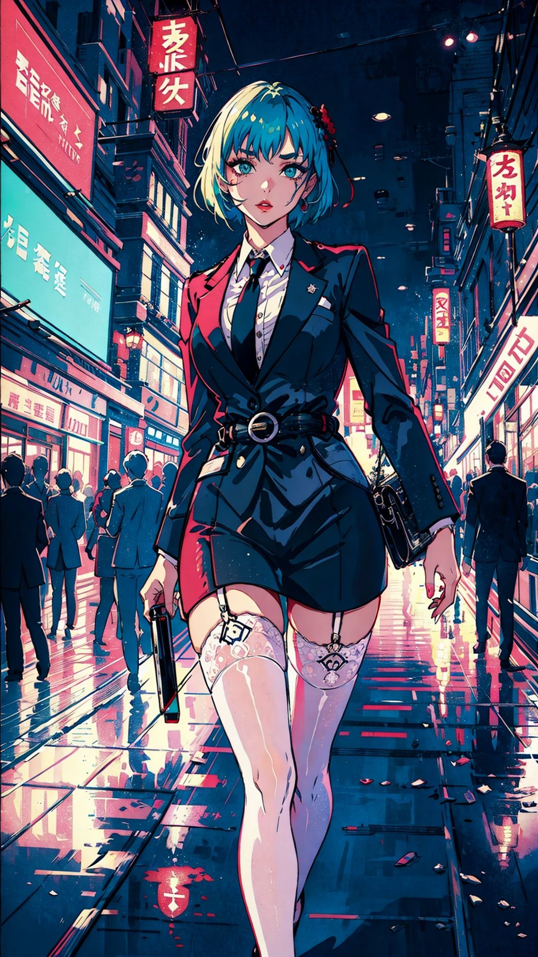 (masterpiece, best quality) (synamic angle:1.2), (waist up shot:1.2), modern Shanghai woman, (walking:1.2), neon green hair, (in business suit:1.2), electronic billboard reflections, (high contrast:1.2), bustling city night life, aerial tramway, skyscrapers, (dynamic angle:1.1), (sensual:1.1), (detailed eye makeup, floating lantern:1.2)s, (holographic ads:1.3),tututh, white thighhighs, thighhighs,  <lora:tututh_0005:0.8>