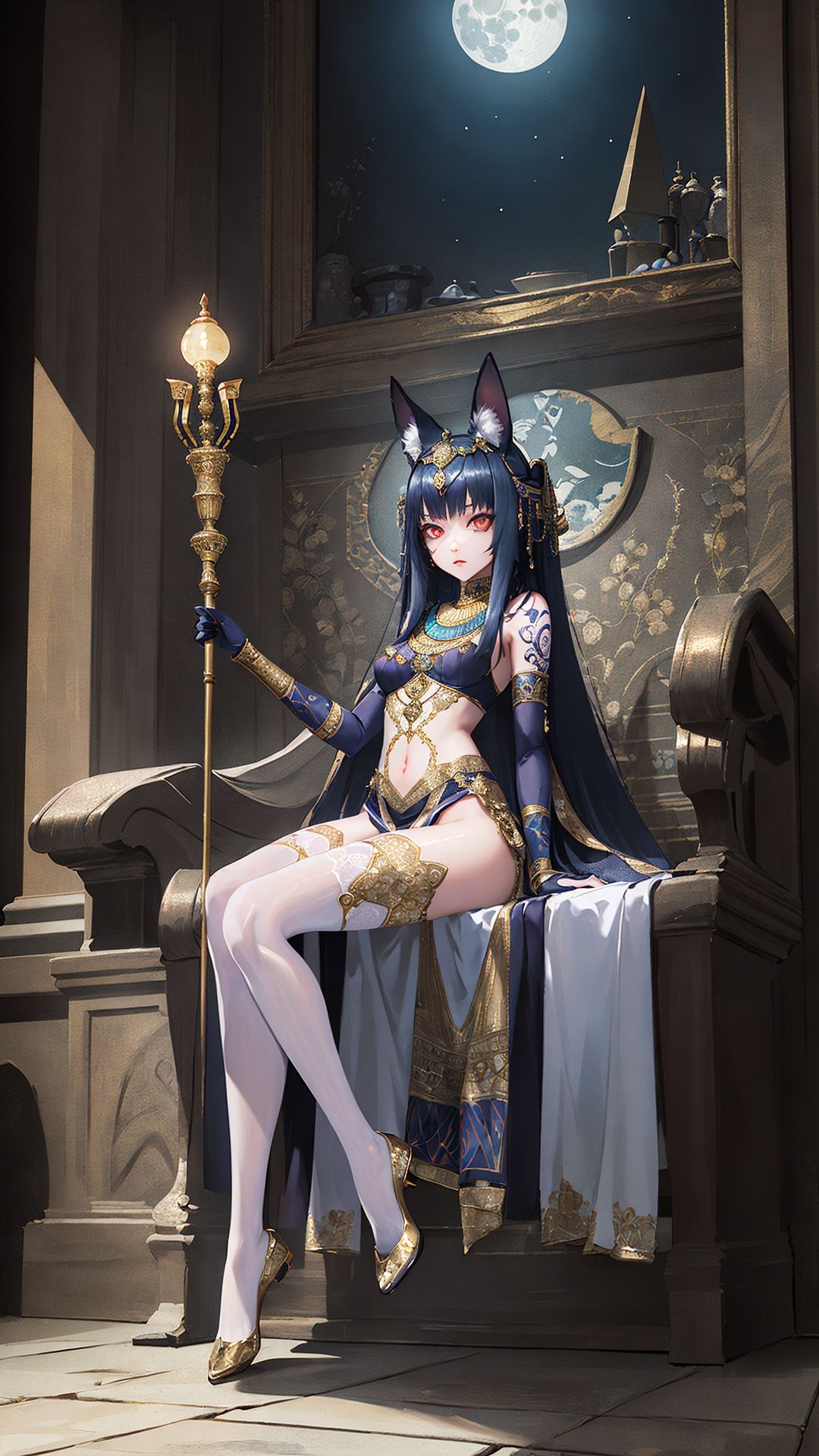 (masterpiece, top quality, best quality, official art, beautiful and aesthetic:1.3), (1girl:1.3), extreme detailed, colorful, highest detailed,((ultra-detailed)), (highly detailed CG illustration), ((an extremely delicate and beautiful)), cinematic light, petite, anubis attire, solo, (abstract art:1), full body, moon, night, ((ancient egyptian theme)), (anubis ears), pyramids, staff, (gold), golden ornaments, ((expressionless)), pharao, hierography, portrait, body tattoo, face tattoo, active pose, over head lighting, fangs, glowing eyes, sitting, relics,,tututh, white thighhighs, thighhighs,  <lora:tututh_0005:0.8>