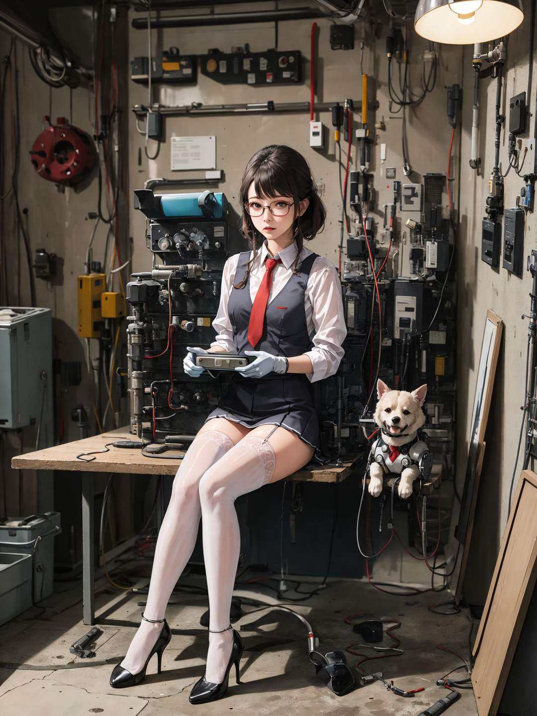 cinematic style,realistic,masterpiece,best quality,extremely detailed,absurdres resolution,High quality texture,Cinematic Lighting,1girl Sitting at the table fixing robots,robot dog,cute genius japanese school girl,red necktie, glasses,protective gloves,in a A basement full of neo pipes,welding,precision instruments,complex circuit,vacuum tube punk,high heels,,tututh, ((white thighhighs)), thighhighs, high heels,<lora:tututh_0005:0.65>