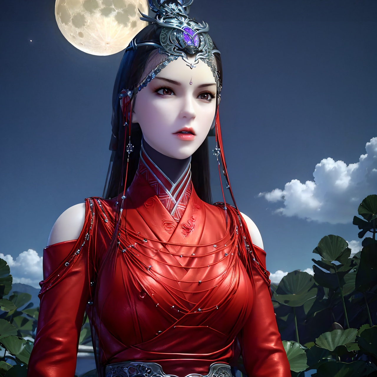 standing, dress, chinese clothes, flower,full_moon,moon,night,lily_pad,lotus,moonlight,nipples,water,night_sky,lily_\(flower\),sky,partially_submerged,1girl, solo, black hair, hair ornament, long hair, brown eyes, realistic, nail polish,photo_\(medium\),(breasts, medium_breasts, cleavage),makeup,(8k, RAW photo, best quality, masterpiece:1.2),(realistic, photorealistic:1.3),ultra-detailed,extremely detailed cg 8k wallpaper,(crystalstexture skin:1.2),extremely delicate and beautiful,