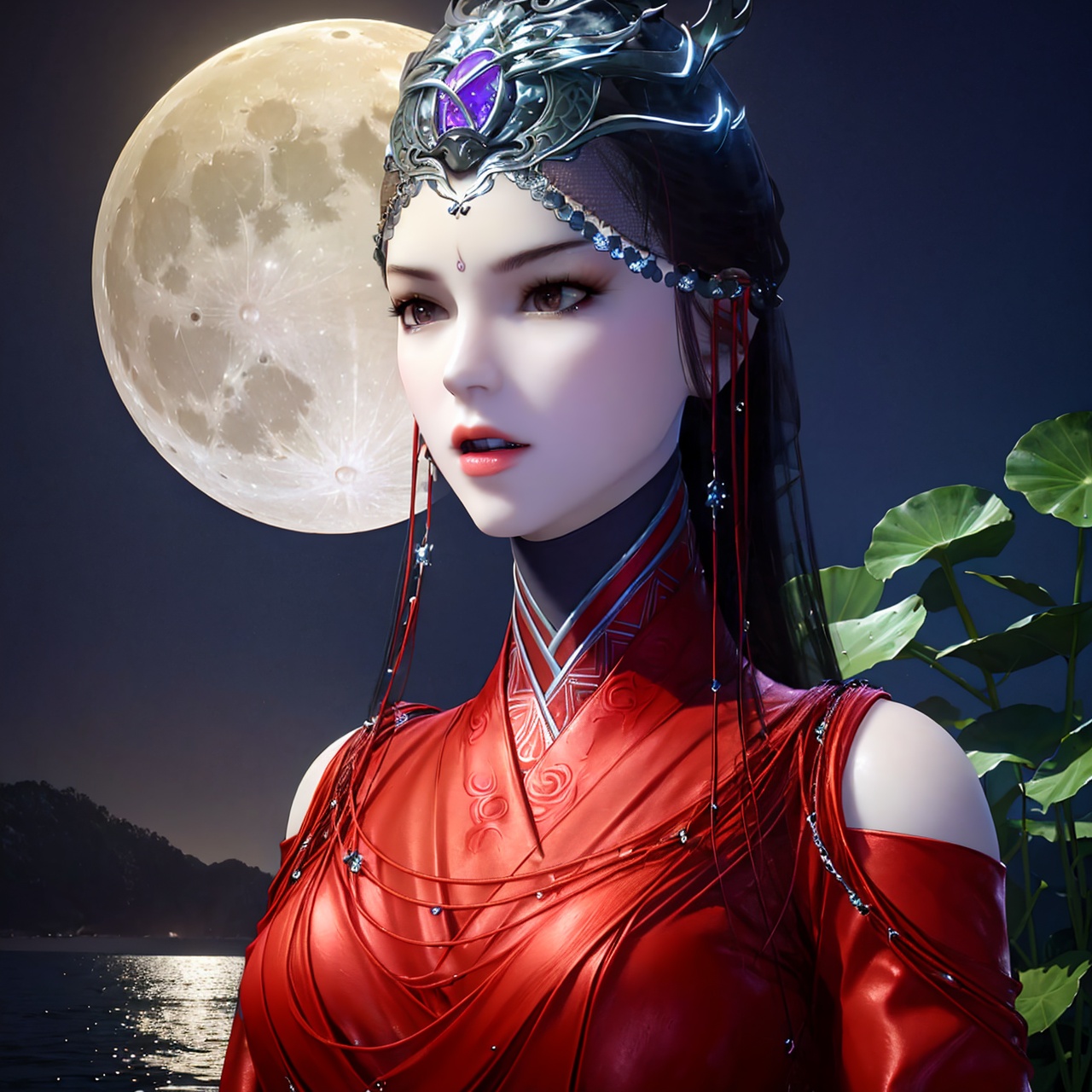 standing, dress, chinese clothes, flower,full_moon,moon,night,lily_pad,lotus,moonlight,nipples,water,night_sky,lily_\(flower\),sky,partially_submerged,1girl, solo, black hair, hair ornament, long hair, brown eyes, realistic, nail polish,photo_\(medium\),(breasts, medium_breasts, cleavage),makeup,(8k, RAW photo, best quality, masterpiece:1.2),(realistic, photorealistic:1.3),ultra-detailed,extremely detailed cg 8k wallpaper,(crystalstexture skin:1.2),extremely delicate and beautiful,