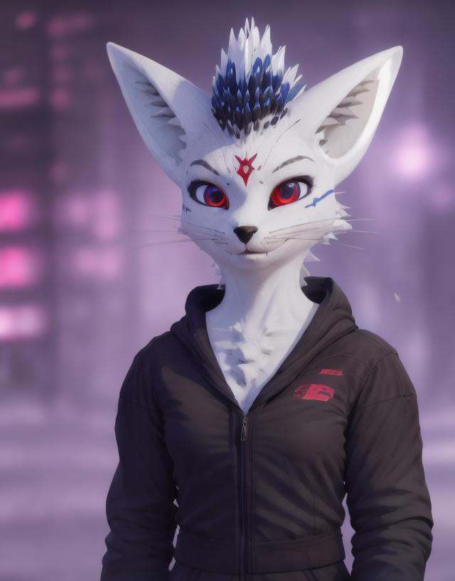 rexouium female cyberpunk close up face,  holding a red katana,  hoodie on Tensor.Art