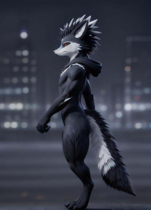 rexouium cyberpunk standing up with white furs and black hoodie,  (((spiky hairs,  strong rim light on Tensor.Art