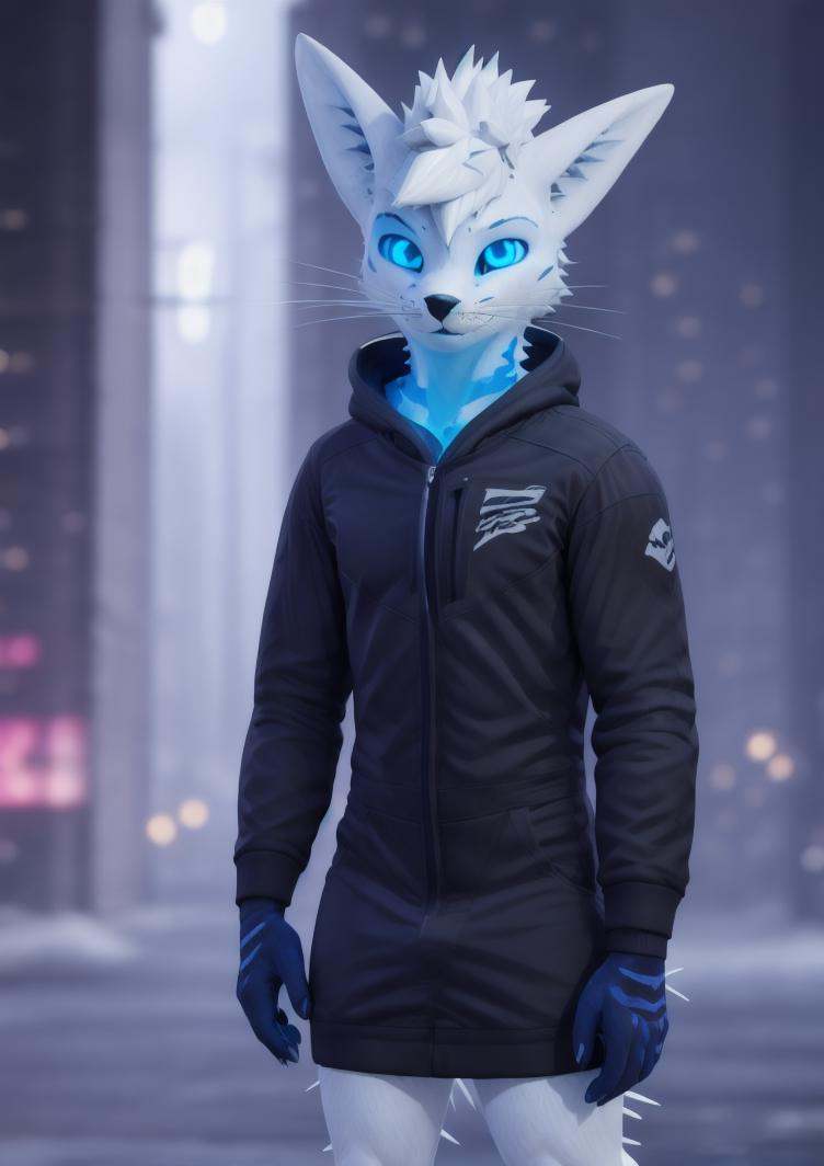 rexouium male cyberpunk close up face,  hoodie,  blue glowing eyes on Tensor.Art