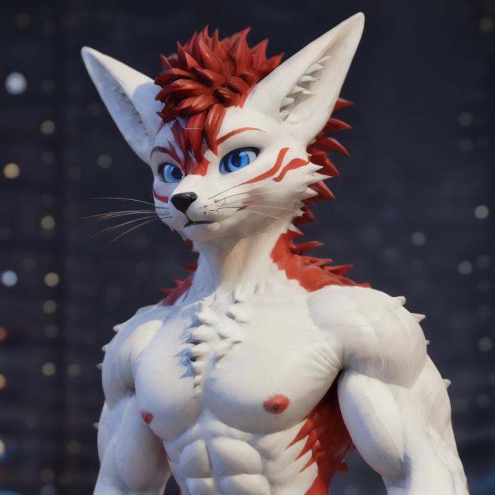 rexouium male ((((close up face portrait)))),  blue eyes,  ((red)) glowing emission patterns on the furs on Tensor.Art