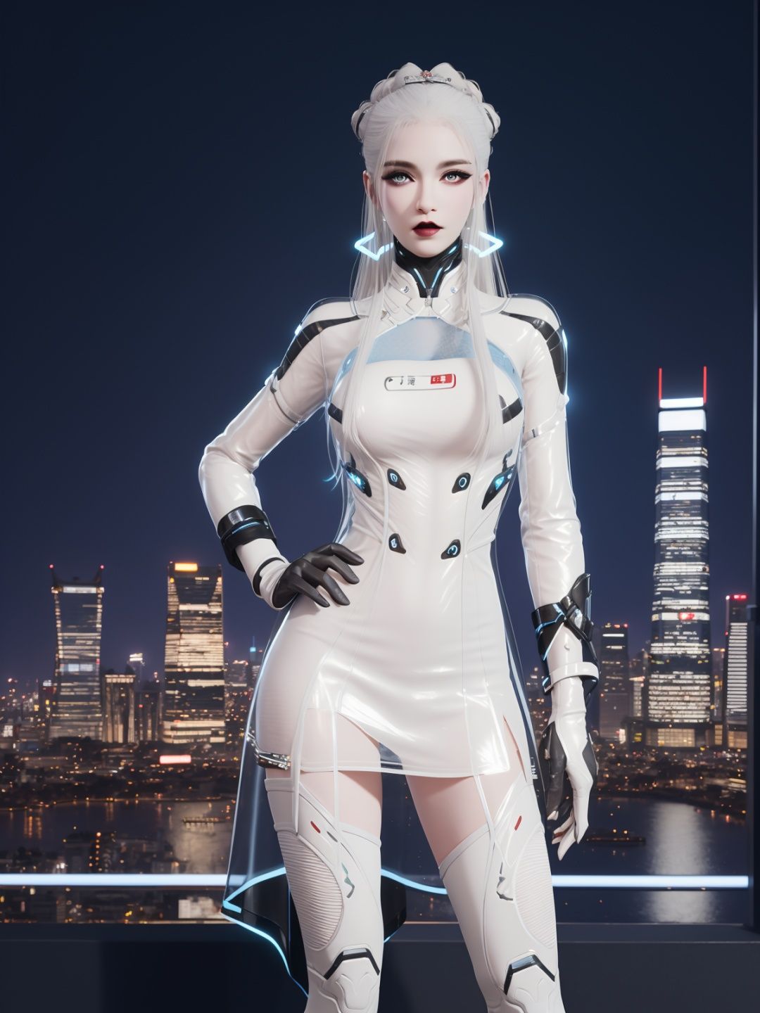 YJWJguqinghanSNX, 1girl, solo, white hair, long hair, blue eyes, breasts, jewelry, lips, makeup, see-through, dress, science fiction, hair ornament, gloves, long sleeves, thigh boots,  <lora:YJWJguqinghanSNX:0.75>,cityscape, night, looking at viewer, mature female, hand on hip, 