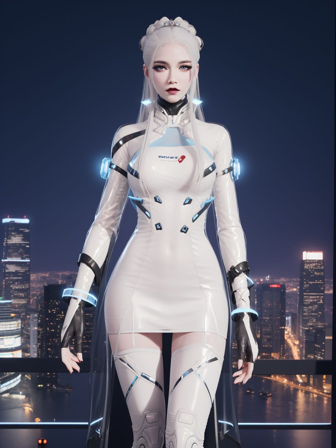 YJWJguqinghanSNX, 1girl, solo, white hair, long hair, blue eyes, breasts, jewelry, lips, makeup, see-through, dress, science fiction, hair ornament, gloves, long sleeves, thigh boots,  <lora:YJWJguqinghanSNX:0.75>,cityscape, night, looking at viewer, mature female, hand on hip, 