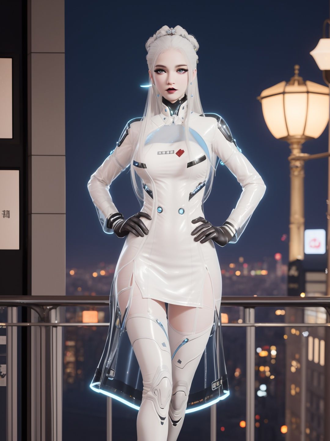 YJWJguqinghanSNX, 1girl, solo, white hair, long hair, blue eyes, breasts, jewelry, lips, makeup, see-through, dress, science fiction, hair ornament, gloves, long sleeves, thigh boots,  <lora:YJWJguqinghanSNX:0.75>,cityscape, night, looking at viewer, mature female, hand on hip, 