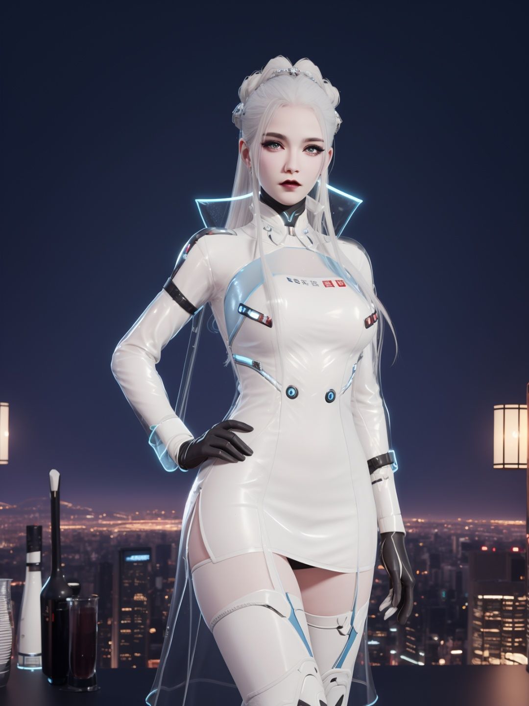 YJWJguqinghanSNX, 1girl, solo, white hair, long hair, blue eyes, breasts, jewelry, lips, makeup, see-through, dress, science fiction, hair ornament, gloves, long sleeves, thigh boots,  <lora:YJWJguqinghanSNX:0.75>,cityscape, night, looking at viewer, mature female, hand on hip, 