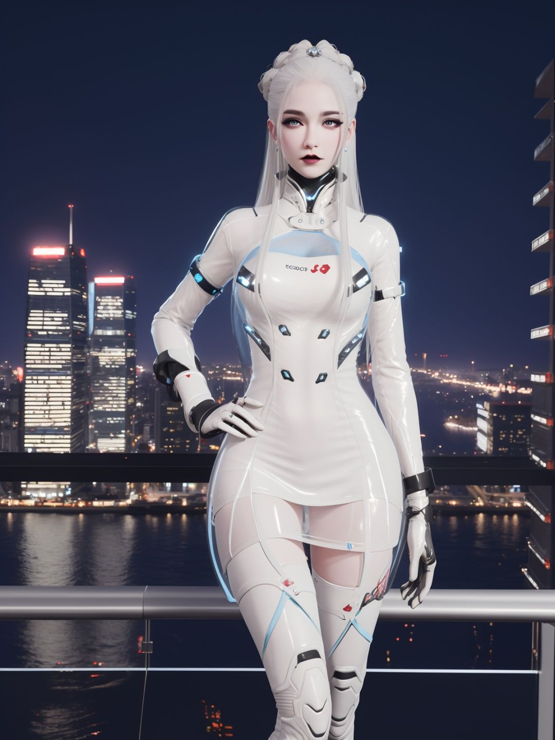 YJWJguqinghanSNX, 1girl, solo, white hair, long hair, blue eyes, breasts, jewelry, lips, makeup, see-through, dress, science fiction, hair ornament, gloves, long sleeves, thigh boots,  <lora:YJWJguqinghanSNX:0.75>,cityscape, night, looking at viewer, mature female, hand on hip, 