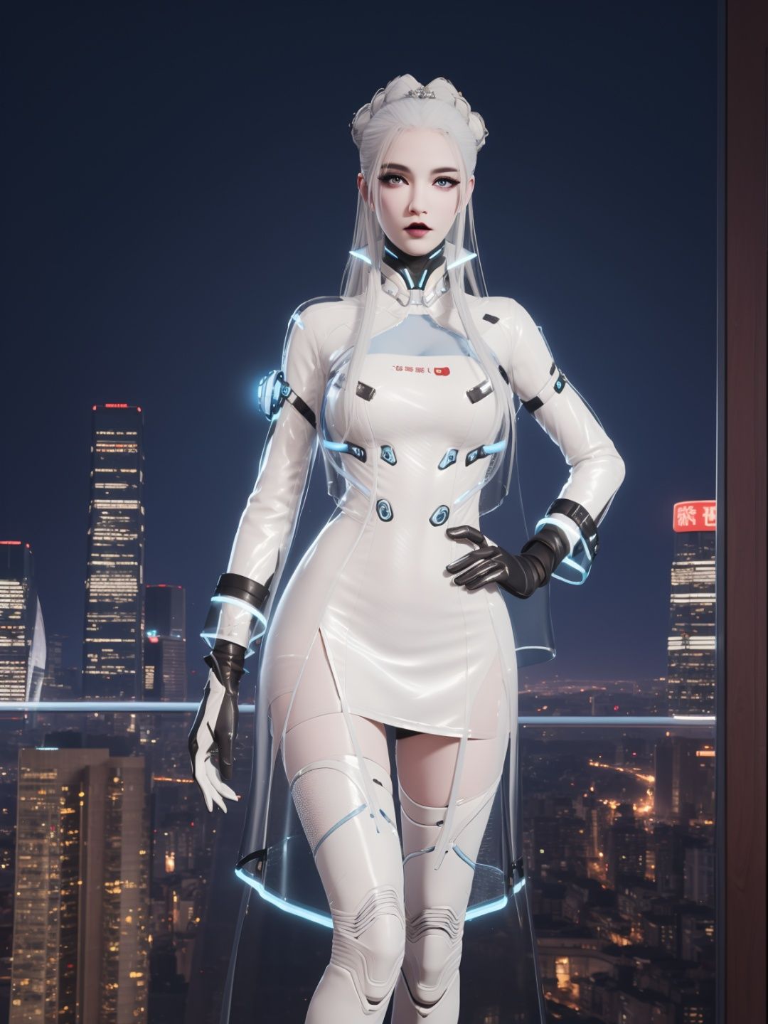 YJWJguqinghanSNX, 1girl, solo, white hair, long hair, blue eyes, breasts, jewelry, lips, makeup, see-through, dress, science fiction, hair ornament, gloves, long sleeves, thigh boots,  <lora:YJWJguqinghanSNX:0.75>,cityscape, night, looking at viewer, mature female, hand on hip, 