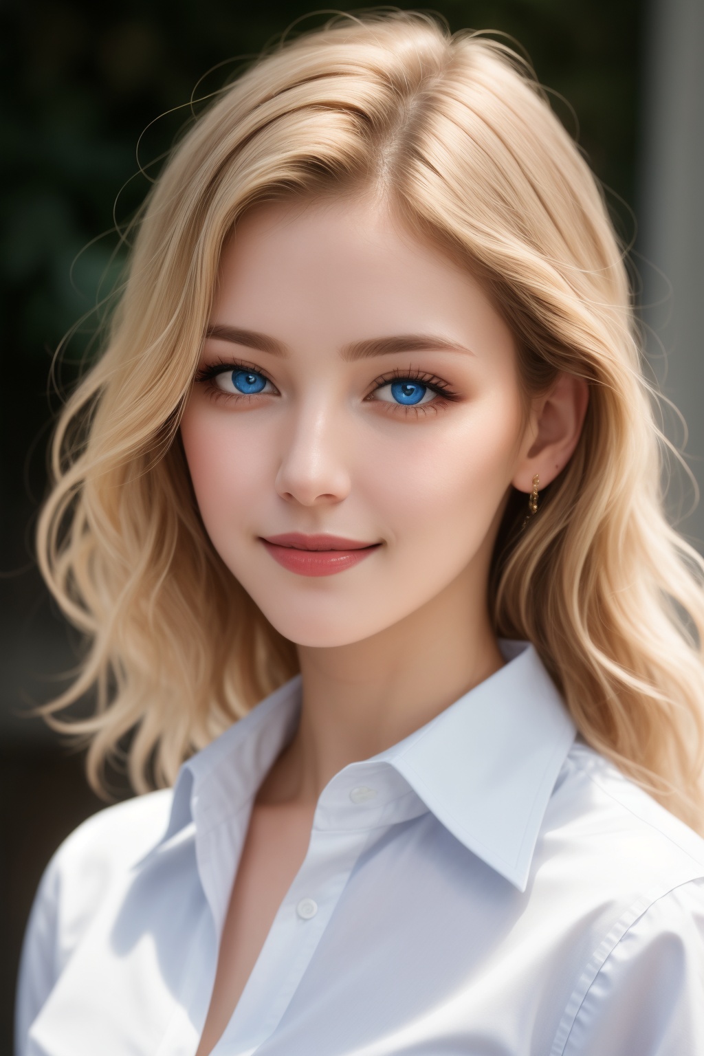 masterpiece, realistic, detailed eyes, beautiful, looking at the viewer, natural lighting, depth of field, film grain, 24yo, female, solo, wavy long blonde hair, blue eyes, white, formal shirt, smile, lips, upper body, Portrait, Close-up, Front view, Exterior