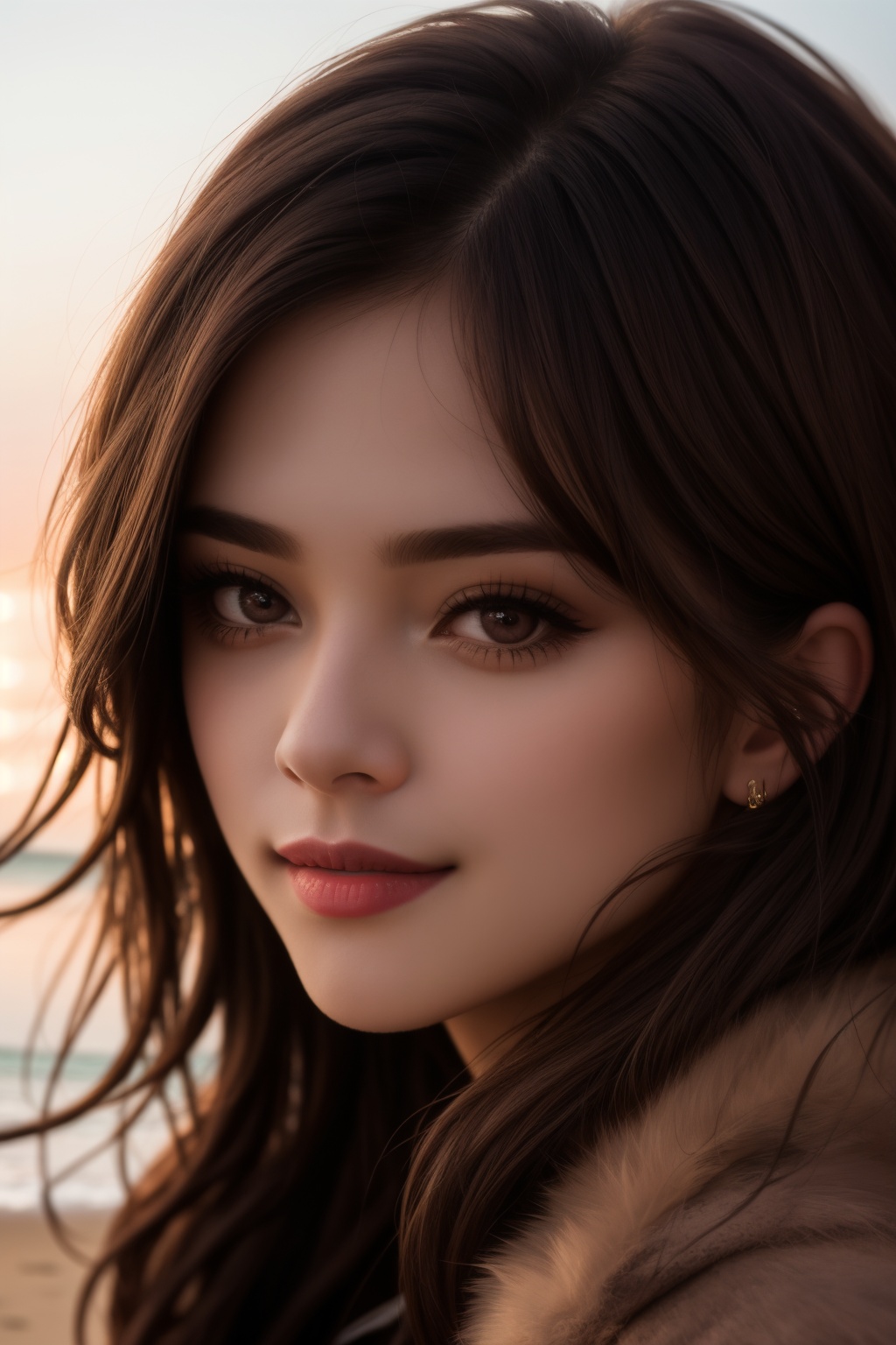 arafed woman with long brown hair and a fur coat, stunning closeupheadshot, closeup headshot portrait, soft portrait shot 8 k, close up face female portrait, cinematic headshot portrait, 60mm portrait, 50mm portrait, 70 mm portrait, full face close up portrait, medium close up portrait, close up face portrait, smile, brown hair and large eyes, in the beach wearing a bikini in full boday, sharp focus, volumetric fog, 8k UHD, DSLR, high quality, film grain, Fujifilm XT3,