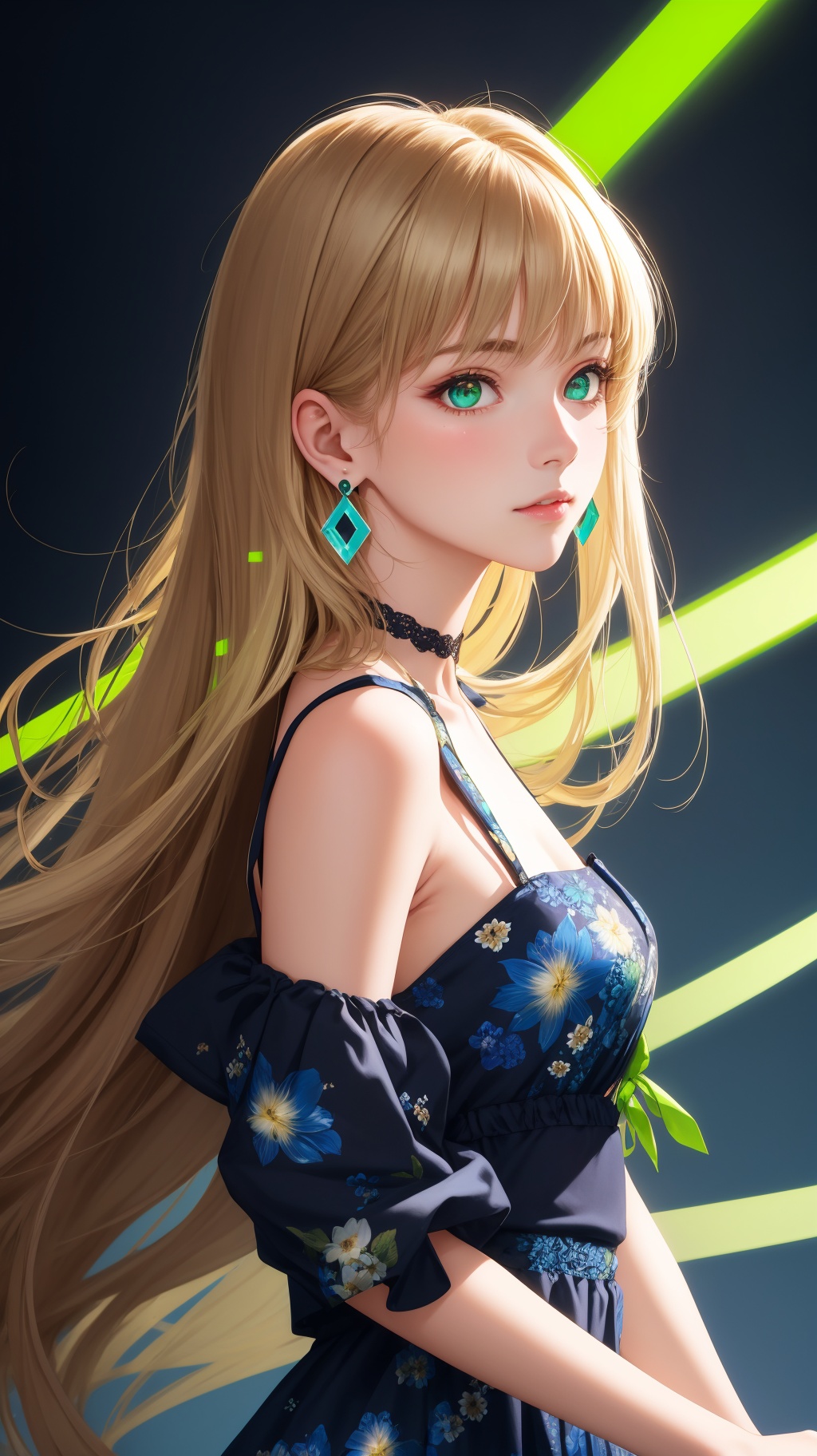 A beautiful girl with off-white long hair,  white luminous eyes,  green luminous earrings on Tensor.Art
