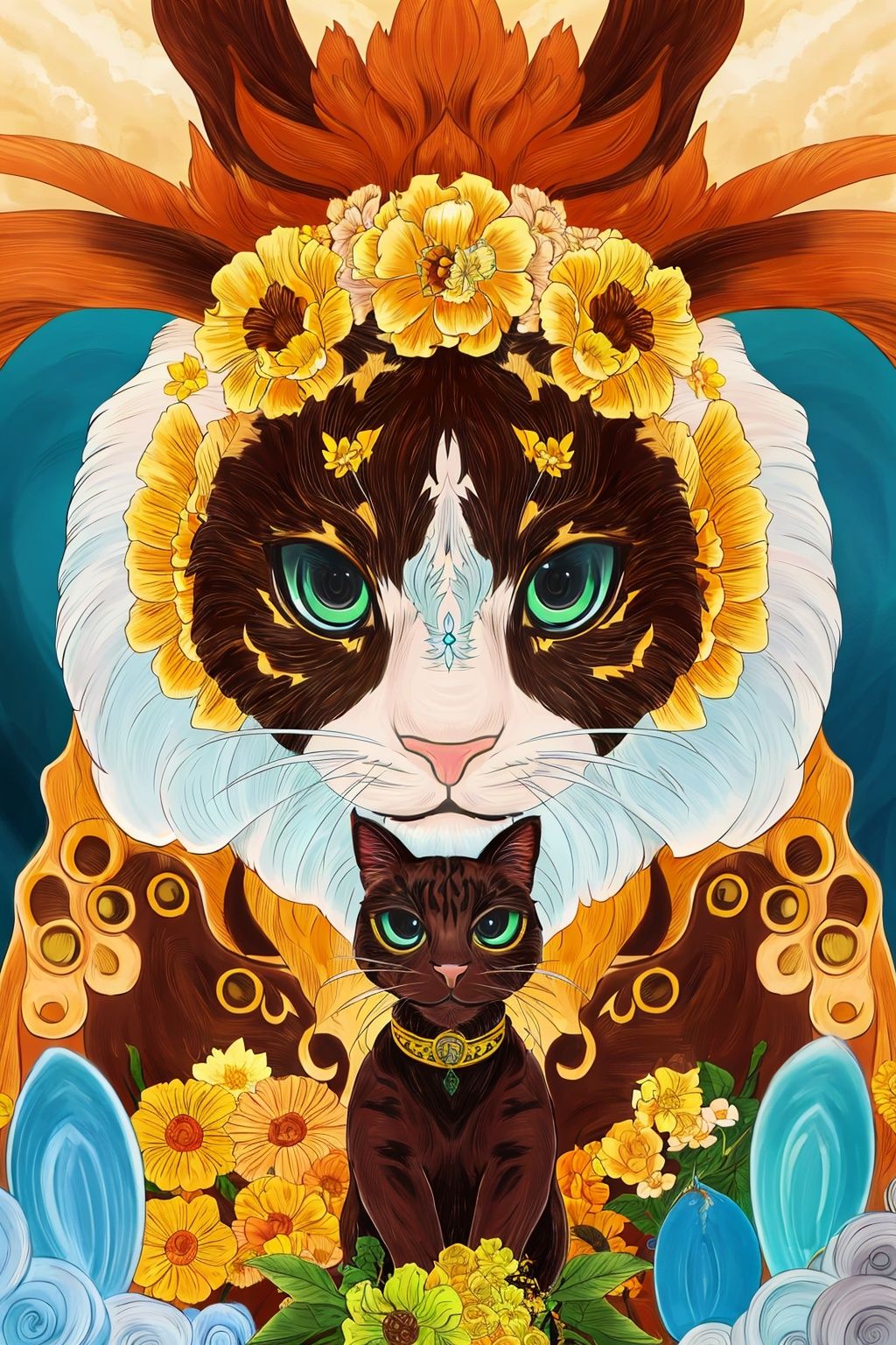 Close-up shooting, A lovely cat, no humans, sun, flower, Look at the camera., UHD, high details, best quality, 16k