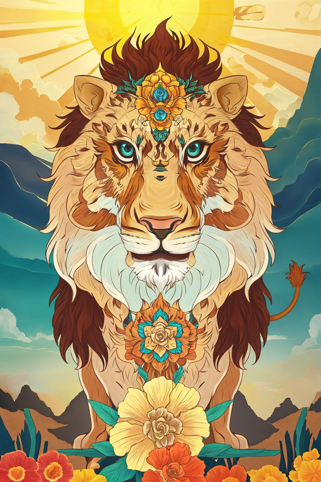 Close-up shooting, A male lion, no humans, sun, flower, Look at the camera., UHD, high details, best quality, 16k