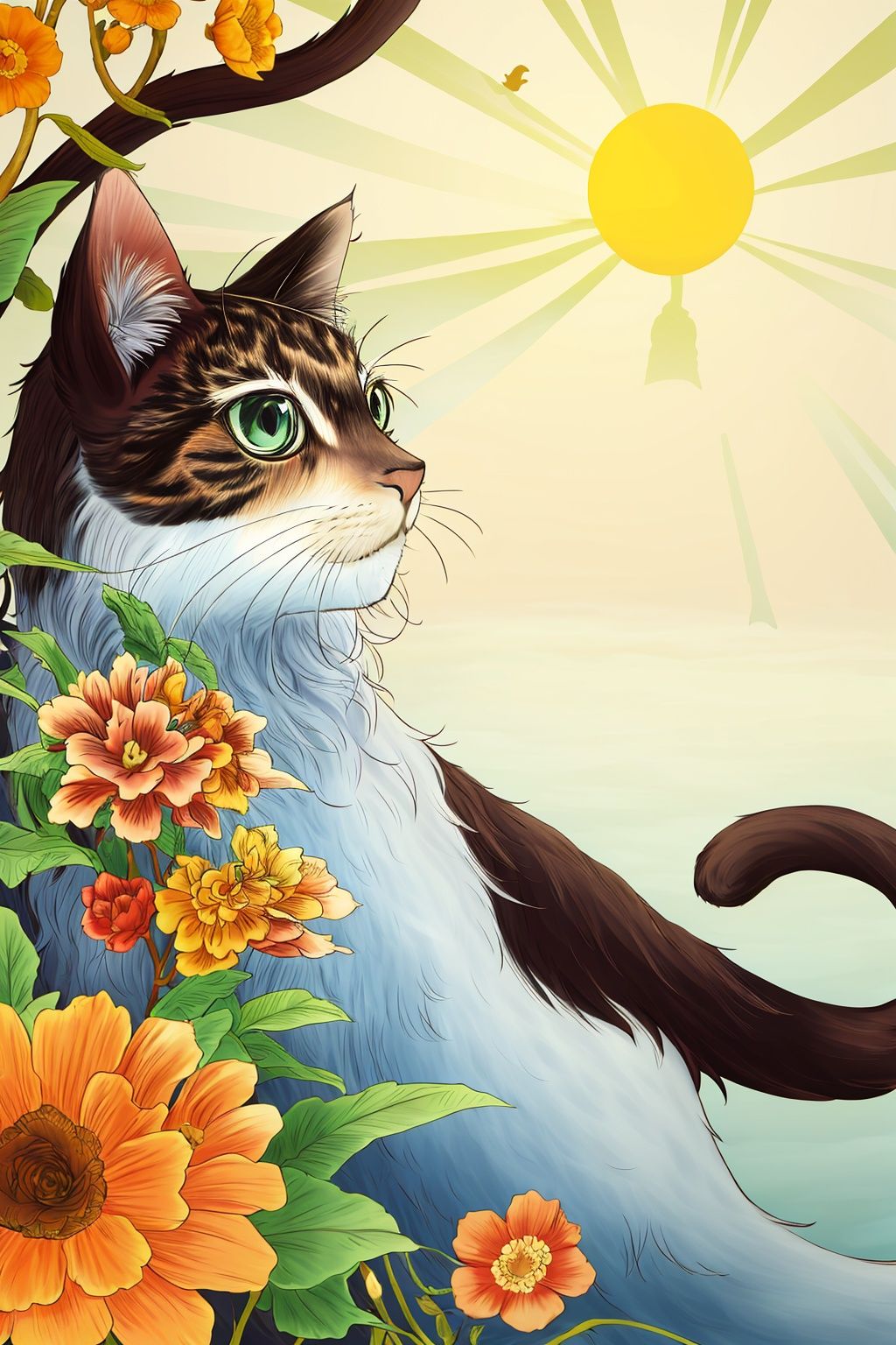 Close-up shooting, A lovely cat, no humans, sun, flower, Look at the camera., UHD, high details, best quality, 16k