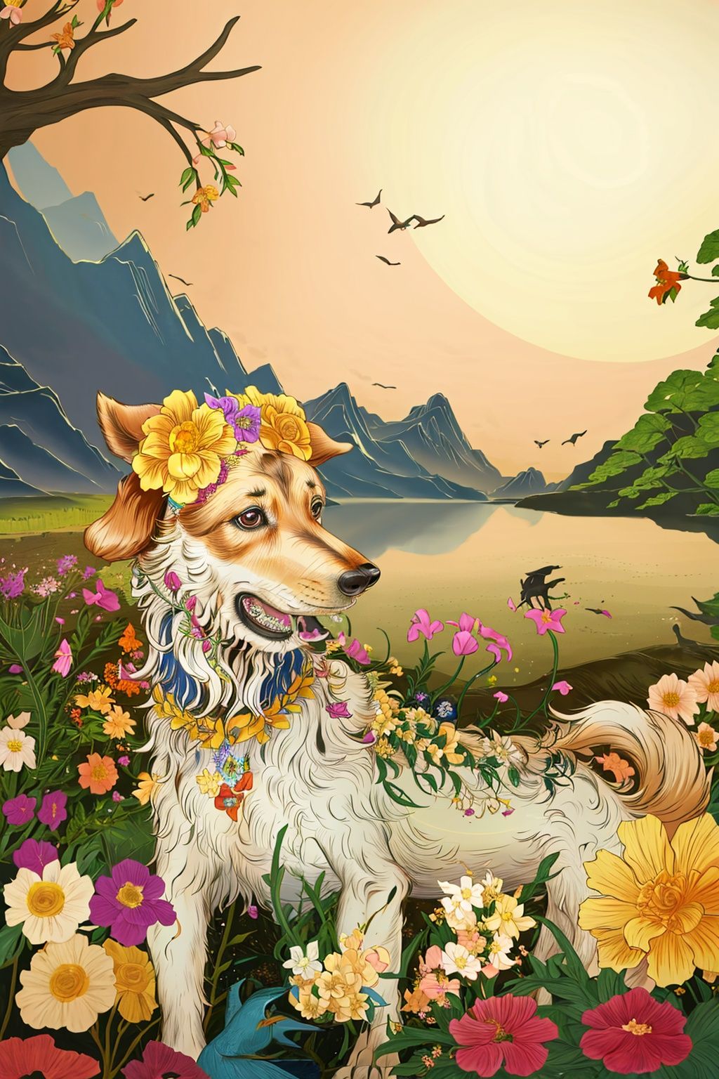 A dog, no humans, sun, flower, UHD, high details, best quality, 16k