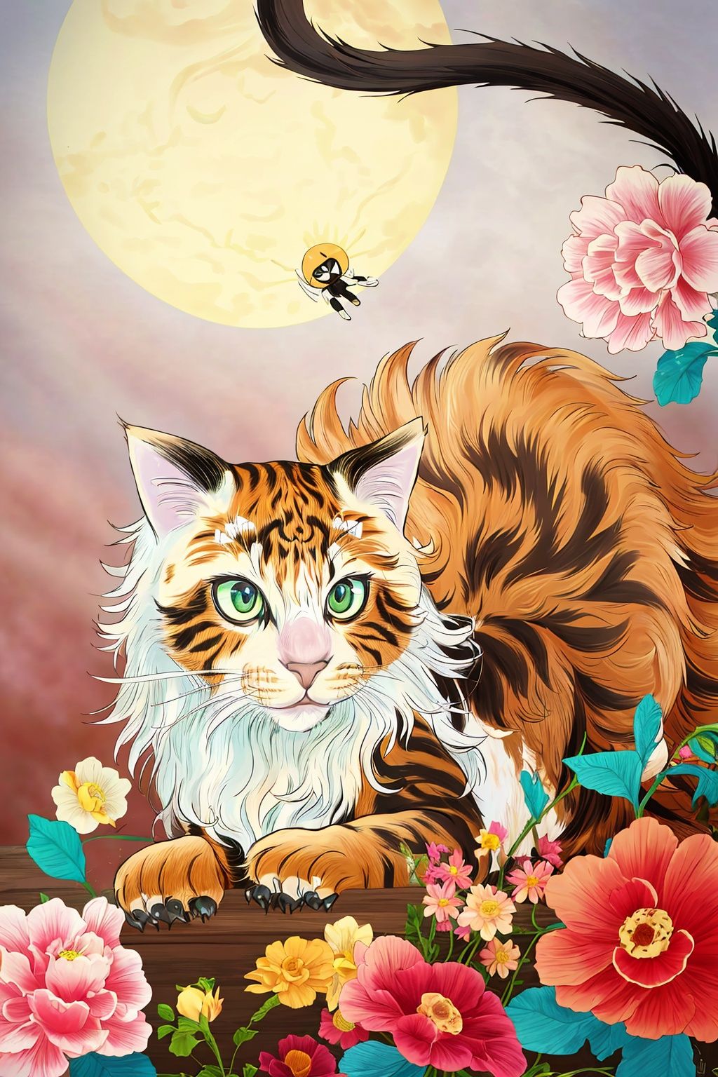 Close-up shooting, A lovely cat, no humans, sun, flower, Look at the camera., UHD, high details, best quality, 16k