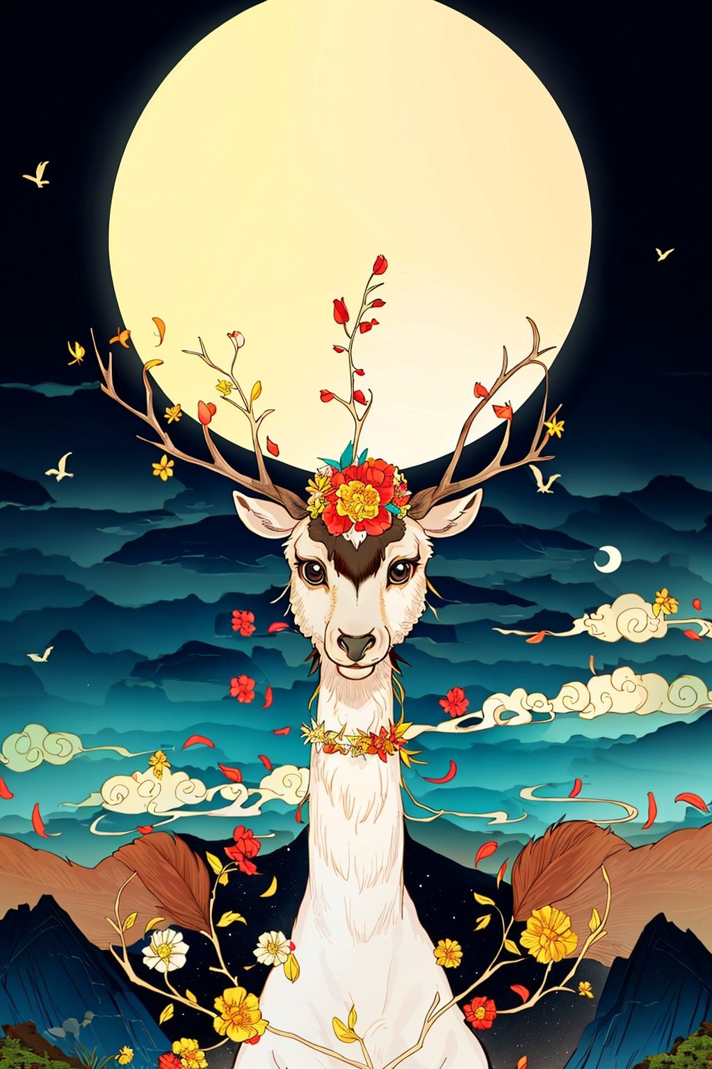 A deer., moon, sky, Pop Flame, No one, UHD, high details, best quality, 16k,<lora:ec67ed9b305de67fe80130375b73f0eb118656b774a06b38d6bee2cc48b91632:0.6>