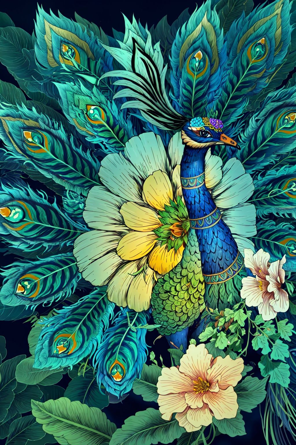 A peacock, no humans, sun, flower, UHD, high details, best quality, 16k