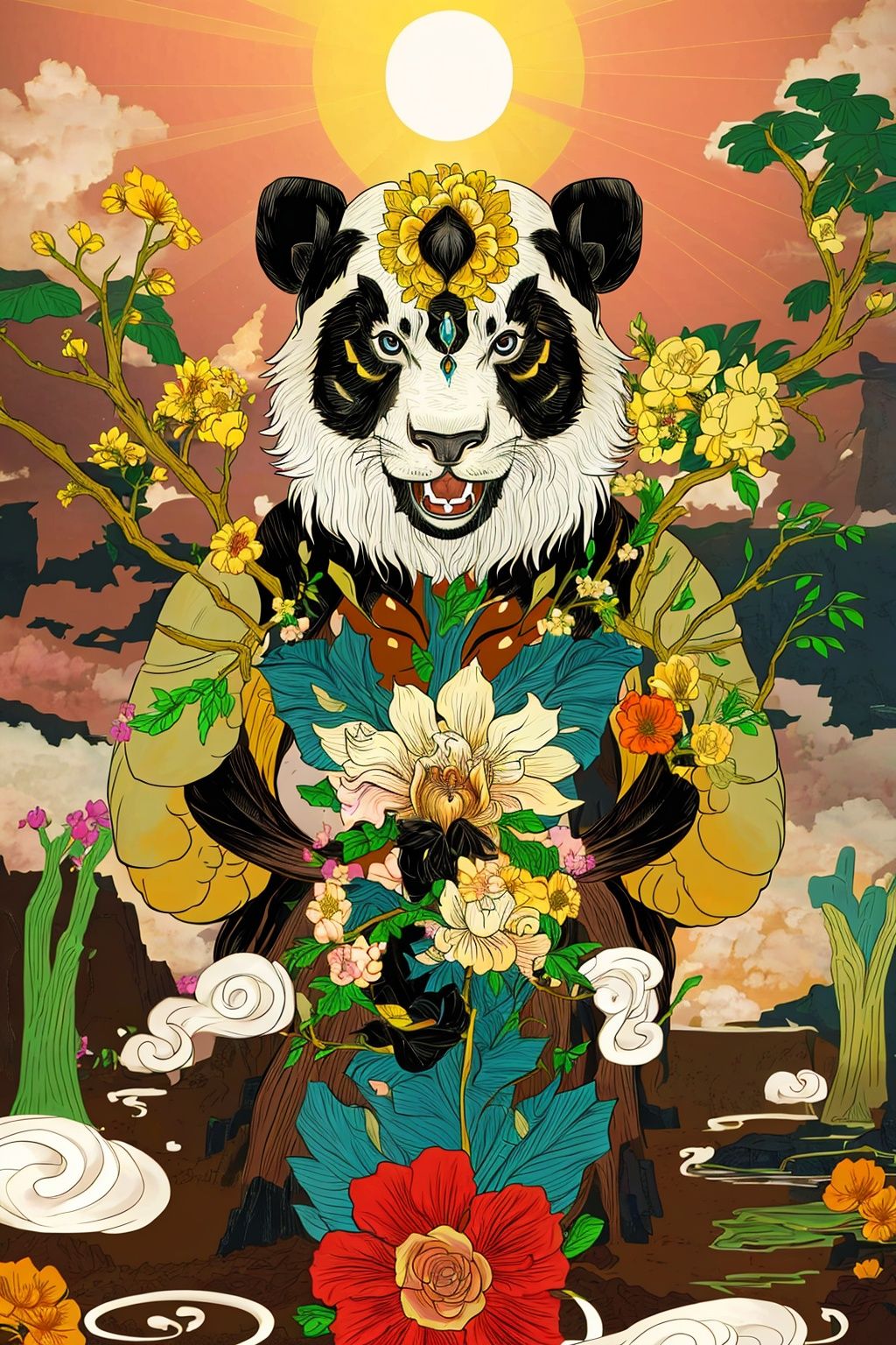 A panda, no humans, sun, flower, UHD, high details, best quality, 16k