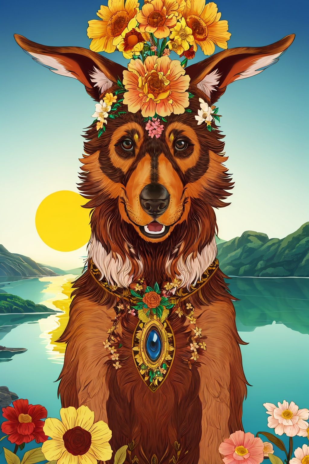 Close-up shooting, A dog, no humans, sun, flower, Look at the camera., UHD, high details, best quality, 16k